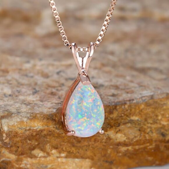 NEW 14k Rose Gold White Fire Opal Necklace Opal Pendant Necklace